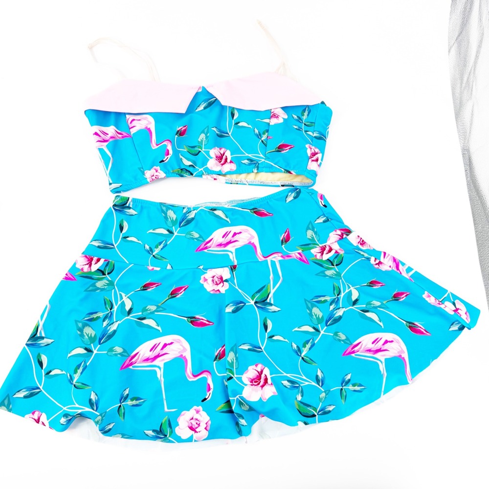 Red Dolly Swimwear Blue Pink Flamingo Floral Retro Skirted Two Piece Swimsuit M